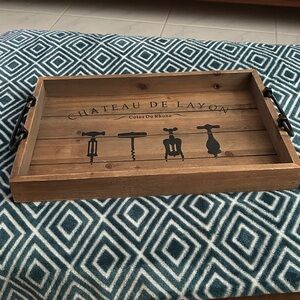 Wooden Tray with Metal Handles Wine Bottle Openers Motif